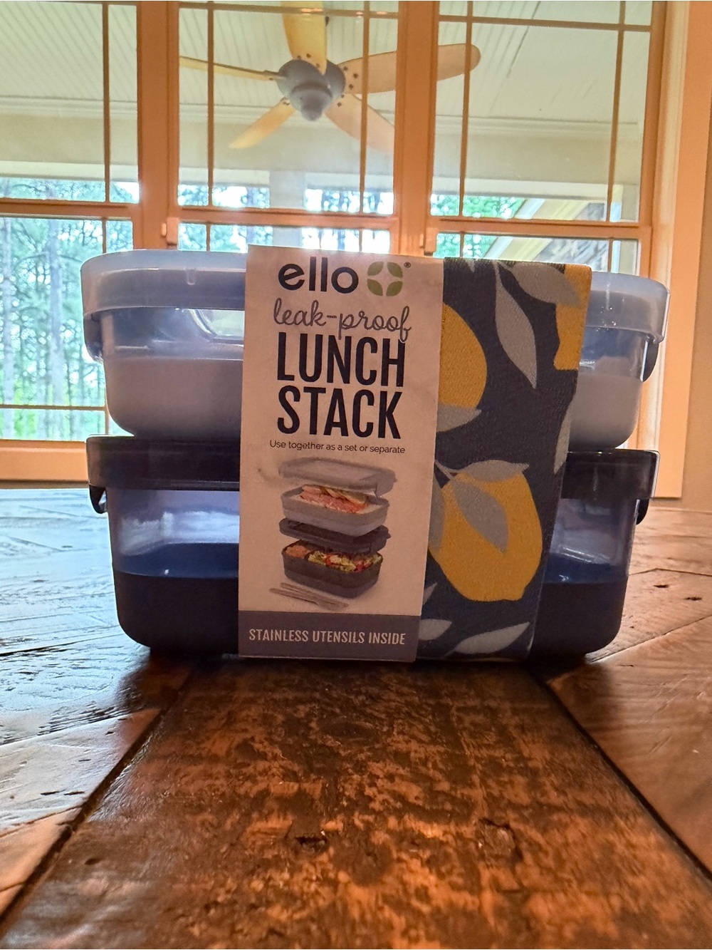 ello Leak-Proof Lunch Stack - Blue with Yellow Leaf Accent